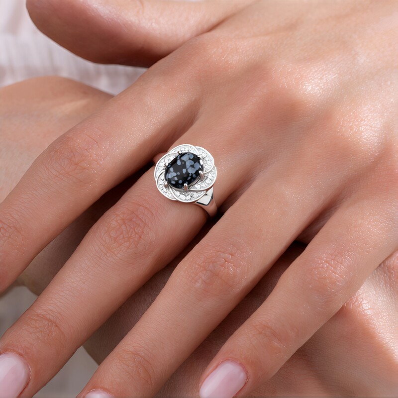 Bague en argent et Obsidienne Flocon-de-Neige