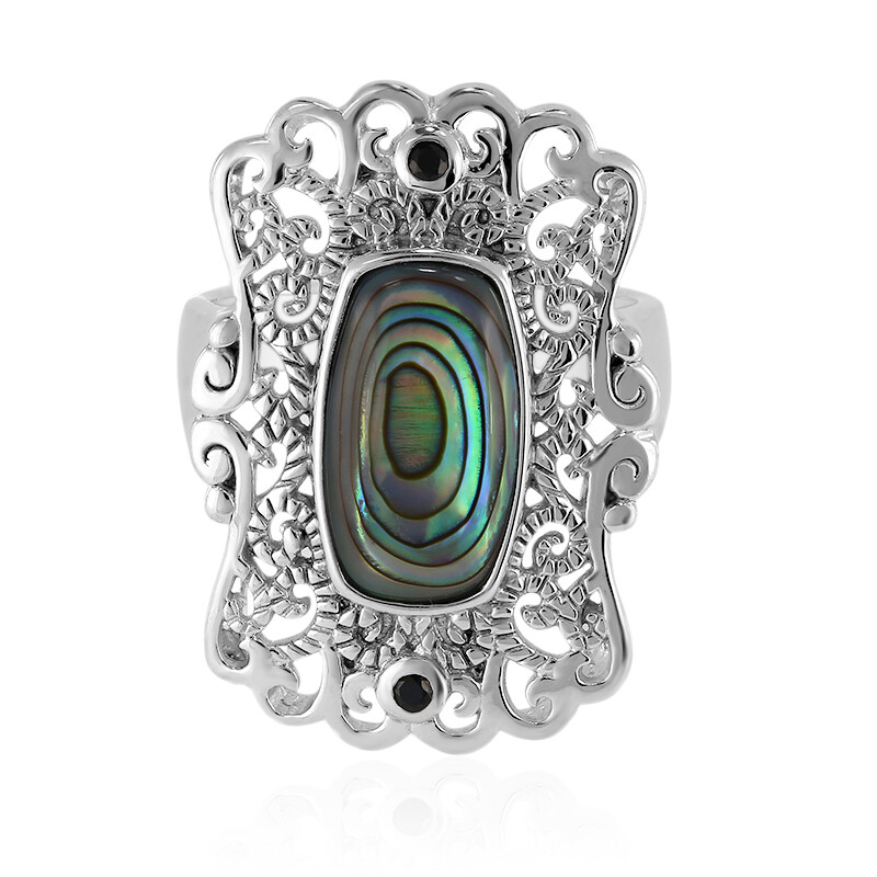 Chinese Abalone Black Spinel Silver Ring, Art of Nature
