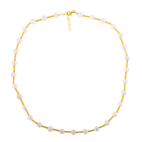 Weiße Süßwasserzuchtperlen-Silberhalskette (Joias do Paraíso)