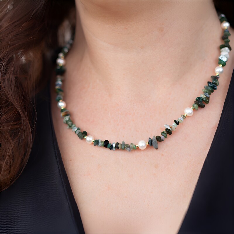 Collier en argent et Agate mousse (Riya)