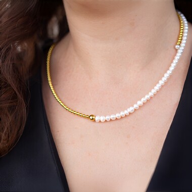 Collier ras du cou en acier et Hématite dorée (Riya)
