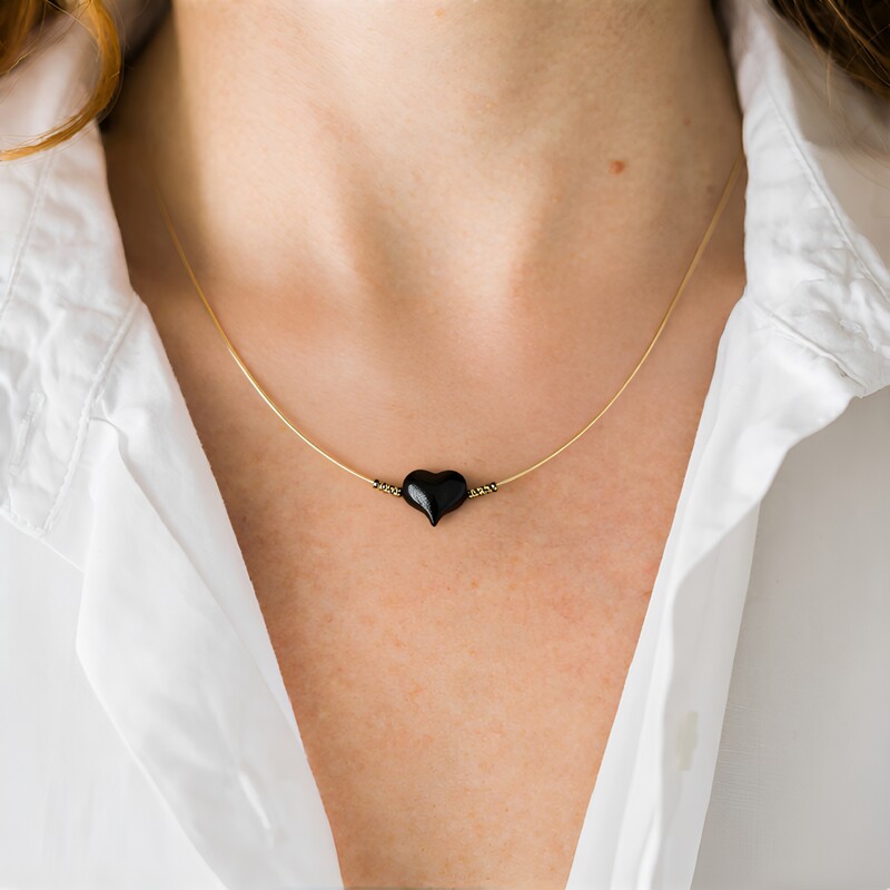 Collier en acier inoxydable et Obsidienne à reflets argentés