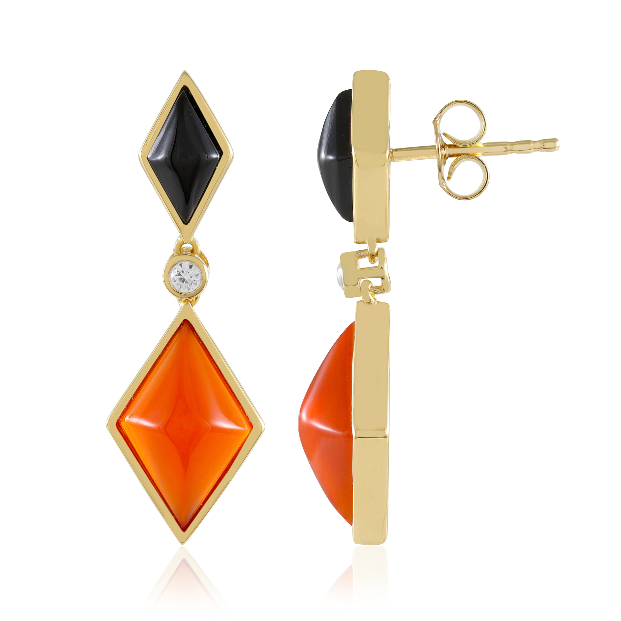 Boucles D'oreilles Dormeuses Argent 925 Plaqué Or Noir/jaune Avec Citrines Et Diopsides - Neuf