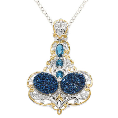 Zilveren halsketting met kobaltblauwe glitter kwartskristallen (Gems en Vogue)