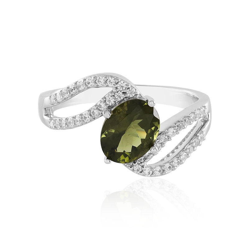 Anello Impilabile In Moldavite E Zirconia Cubica – Pietra Ovale 8x6 Mm + Rotonda 6x4 Mm, Griffe In Metallo Lucido, Regalo Donna