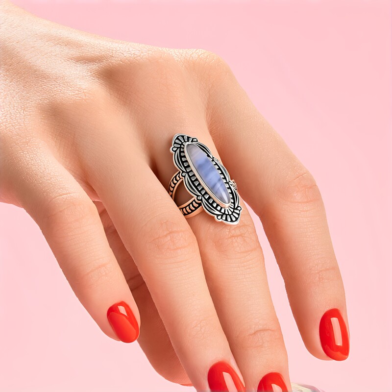 Blauer Band-Achat-Silberring (Desert Chic)