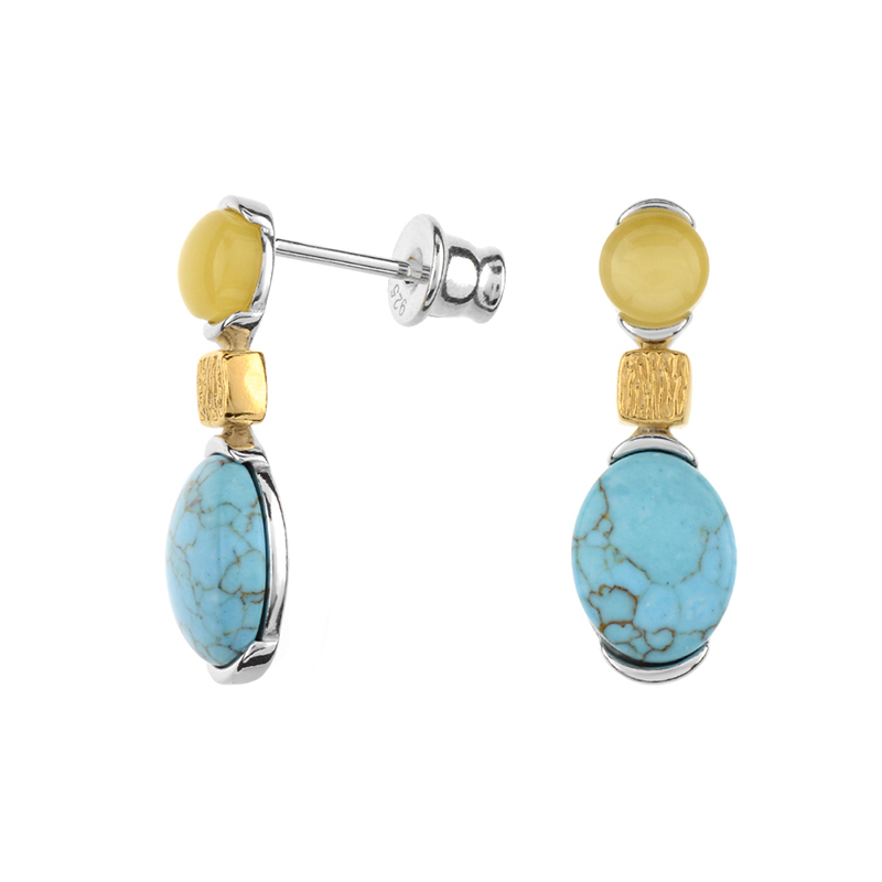 Orecchini Vintage Argento 925 Con Pendente Gufo E Turchese Naturale, 17.9x9.2 Mm, Regalo Per Donna In Portagioie