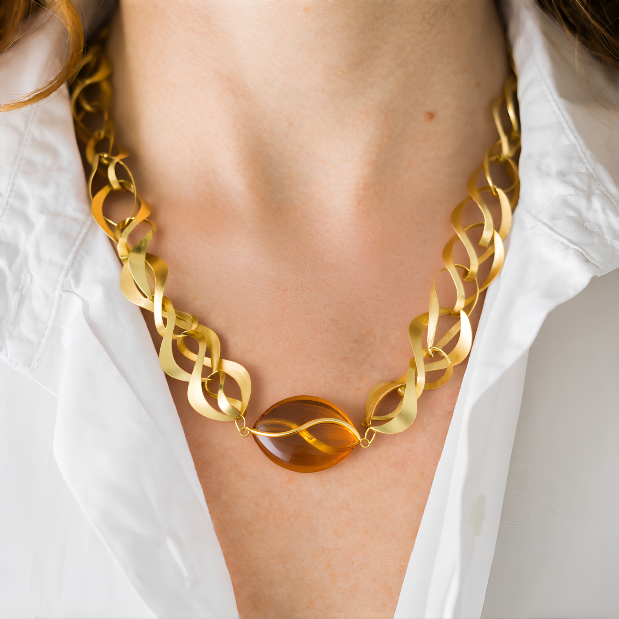 Collana Origami Gatto In Argento Placcato Platino Con Ambra Baltica Naturale Color Cognac - Ciondolo Con Catena 42-47 Cm