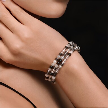Bransoletka bangle ze stali - Kwarc rutylowy czarny (Riya)