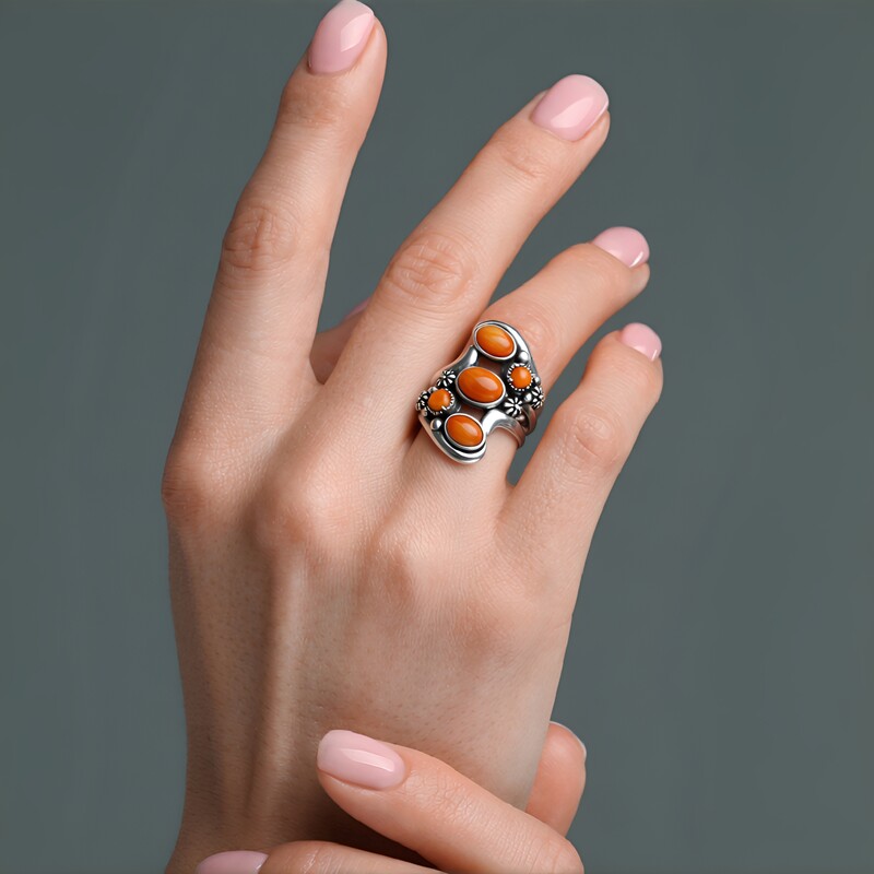 Orange Spiny Oyster Shell Silver Ring (Desert Chic)