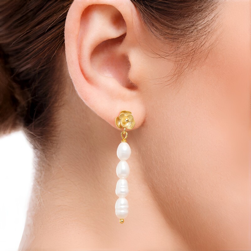 Boucles d'oreilles en argent et Perle blanche de culture d'eau douce (Joias do Paraíso)