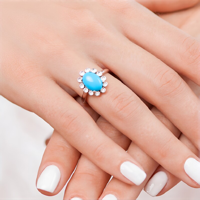 Anello Argento .925 Con Turchese Bali - Fascia Floreale Misure 4-10 NUOVO
