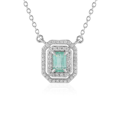 Zilveren halsketting met een Paraiba kleurige smaragd