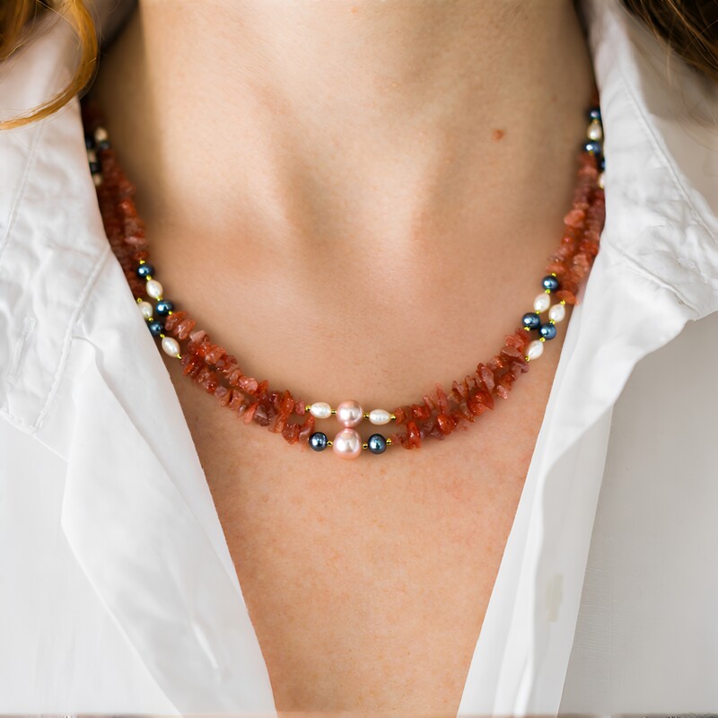 Collier en argent et Perle de culture d'eau douce de couleur pêche (Riya)