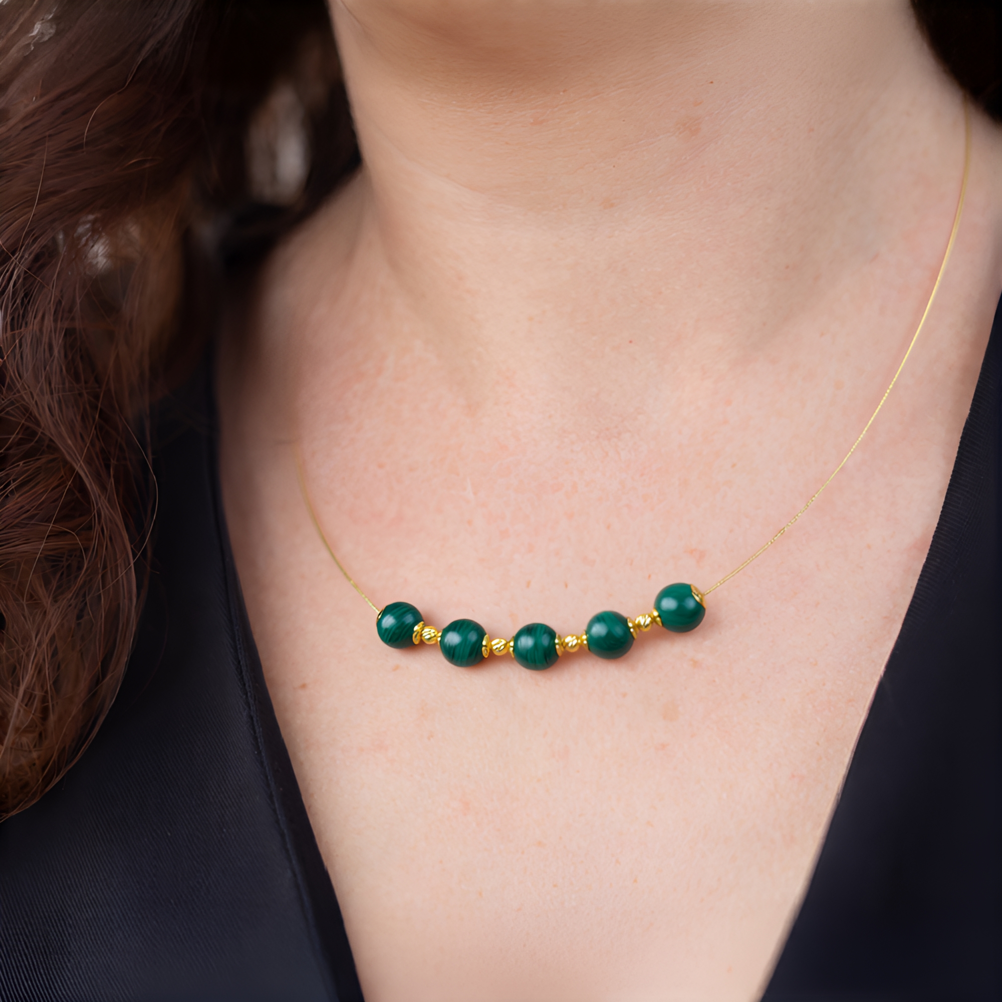 Collier En Argent 925 Doré Avec Malachite, Amazzonite Et Perle - Longueur Réglable - Neuf Avec étiquette