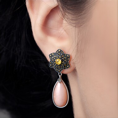 Boucles d'oreilles en argent et Pierre de lune pêche (Annette classic)