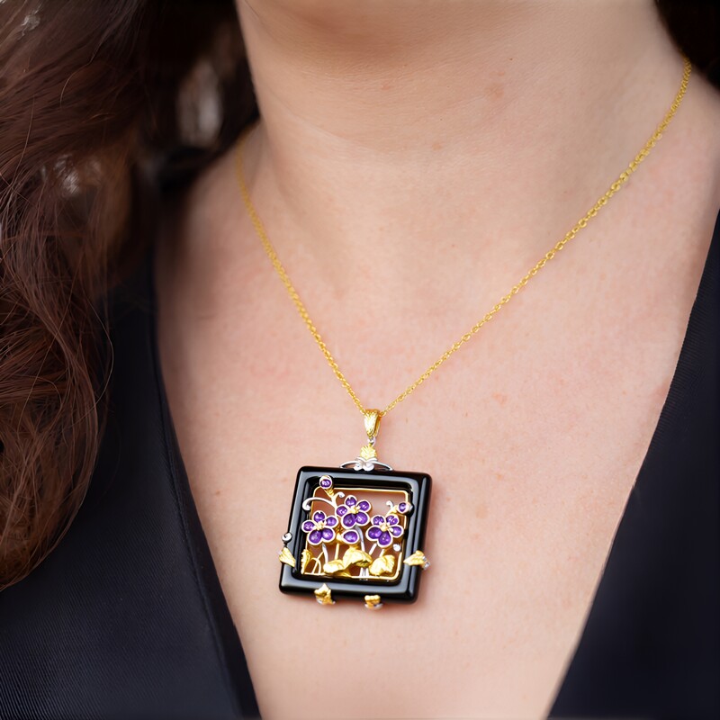 Zilveren halsketting met een zwarte onyx (Gems en Vogue)