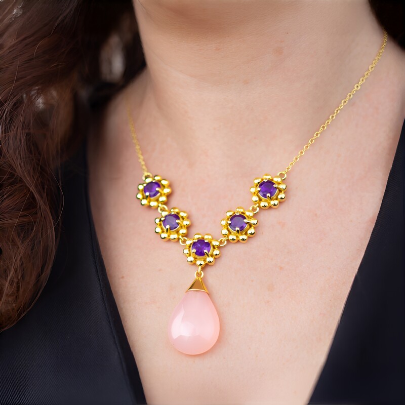 Pinkfarbener Chalzedon-Silbercollier