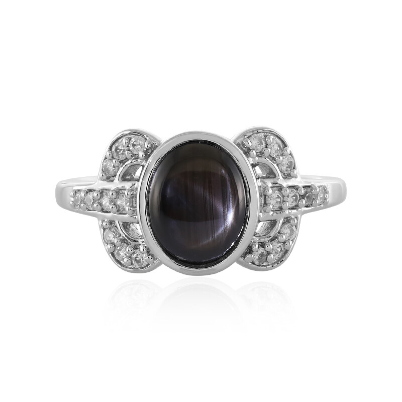 Anillo místico tailandés de plata con zafiro negro estrellado, 3,21 ct