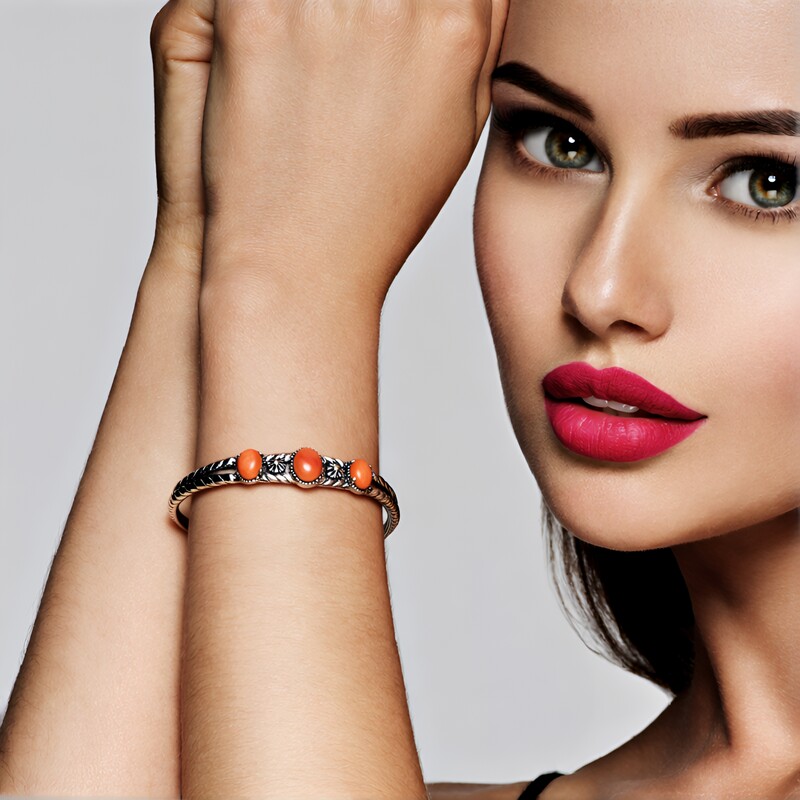 Bransoletka bangle ze srebra - Muszla ostrygi kolczastej pomarańczowa (Desert Chic)