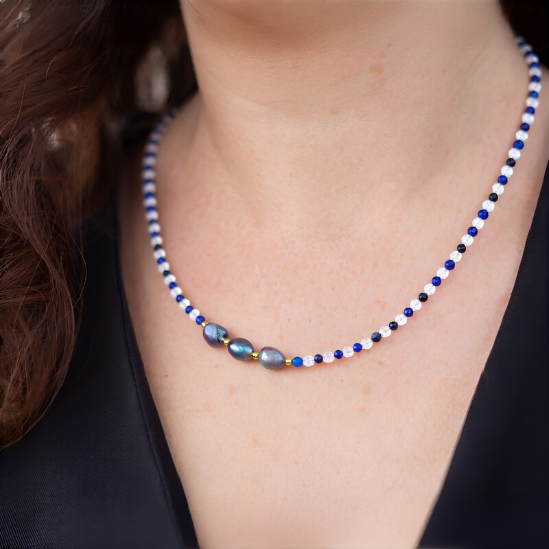 Collana rigida in acciaio con Perla Nera di Acqua Dolce (Riya)