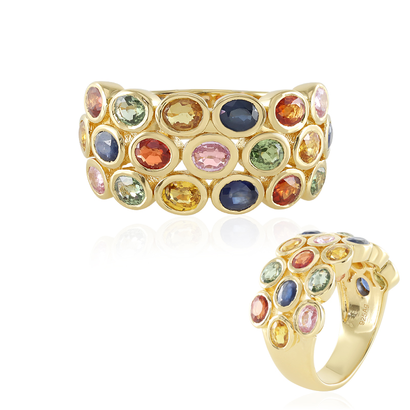 Multicolor Sapphire 925 Gold-Plated Ring, 3.249ct