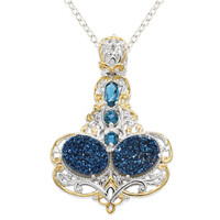 Zilveren halsketting met kobaltblauwe glitter kwartskristallen (Gems en Vogue)